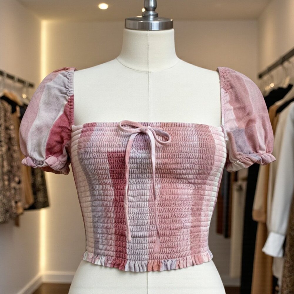 Aritzia Wilfred Heirloom Pink Sage Frost Smocked Top
